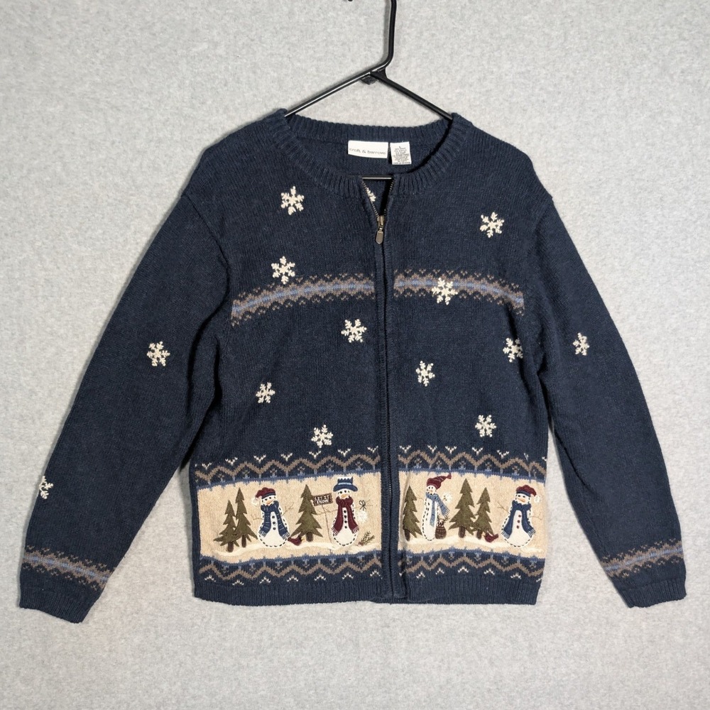 Croft & Barrow Full Zip Sweater Womens L‎ Navy Blue Snowman Snowflake Holiday